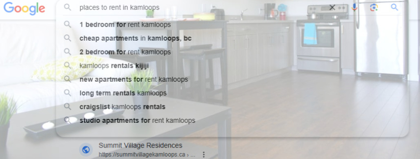 A Google search for 'places to rent in Kamloops'