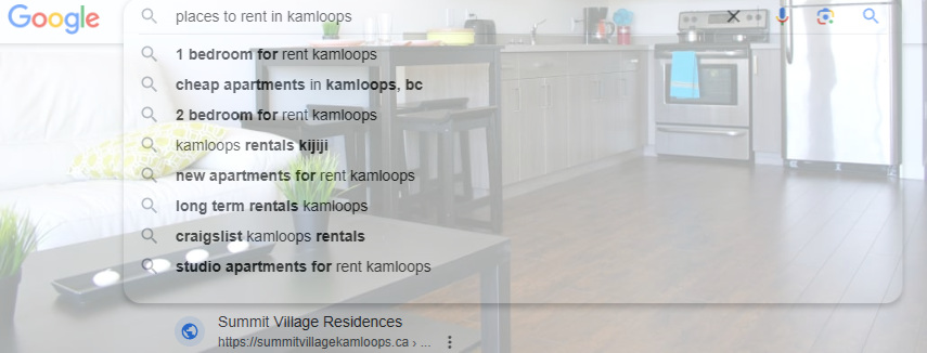A Google search for 'places to rent in Kamloops'