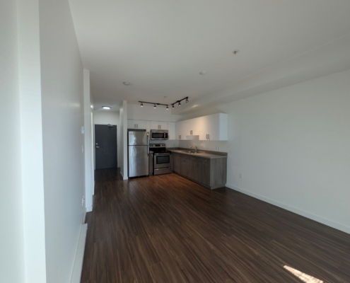 Fresh paint in living area with kitchen in the background.